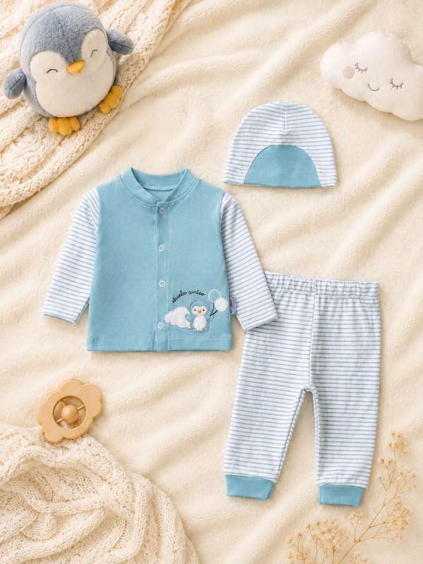 Minik Penguen Desenli Yenidoğan Üçlü Bebek Takım %100 Pamuklu Set